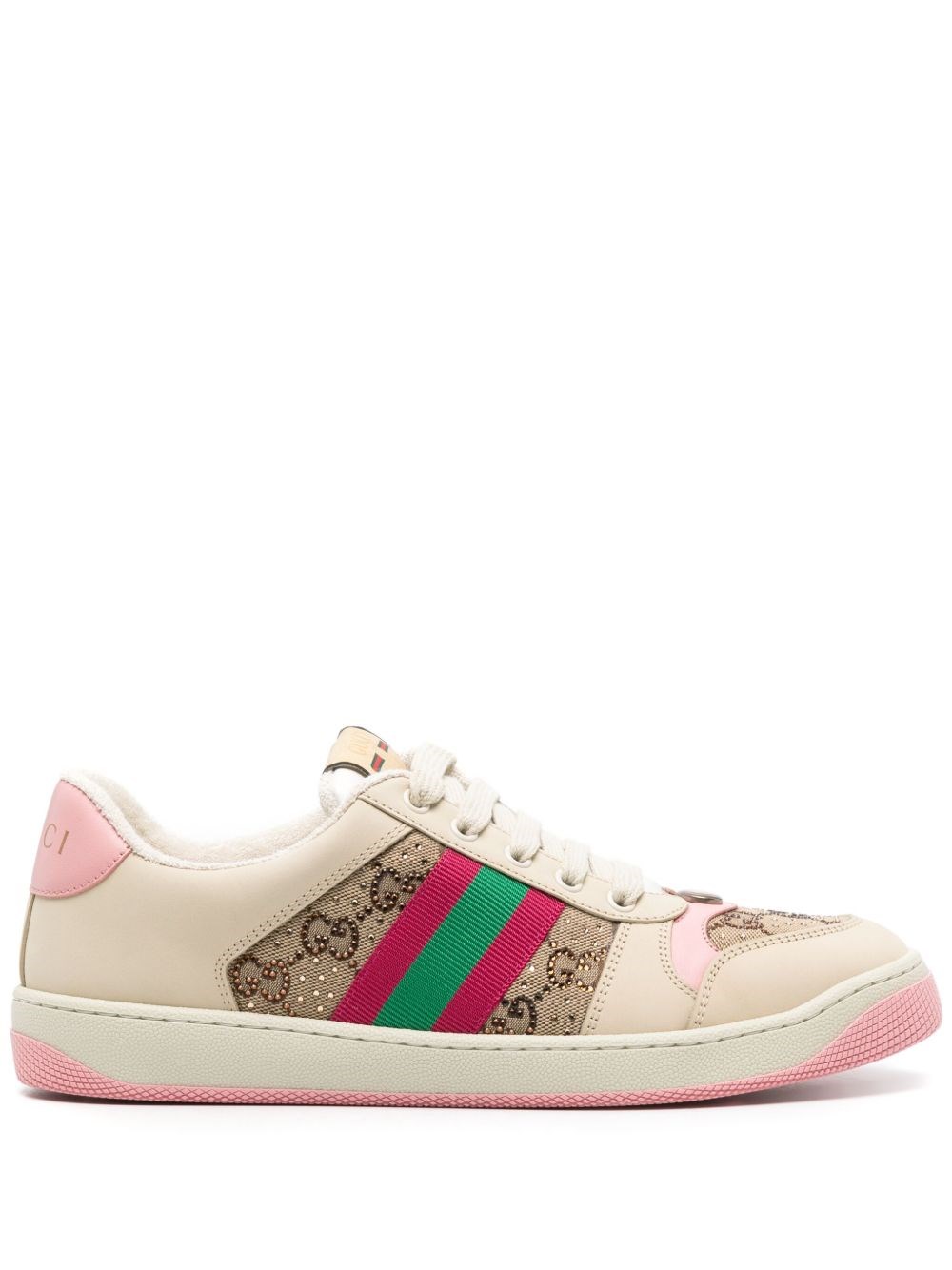 Gucci Screener Beige Dark Brown Pink GG Canvas Crystals
