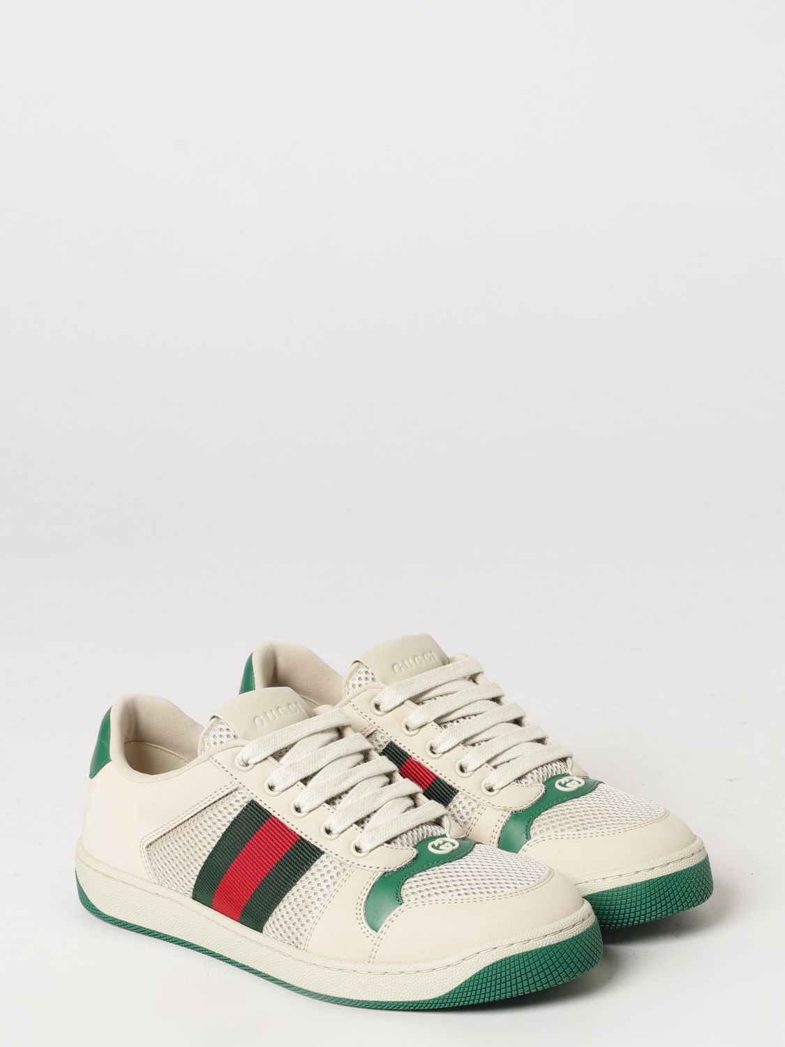 Gucci Screener Low-Top Leather and Mesh Sneakers with Web Stripe Ivory (A000N1FAGAT9545)