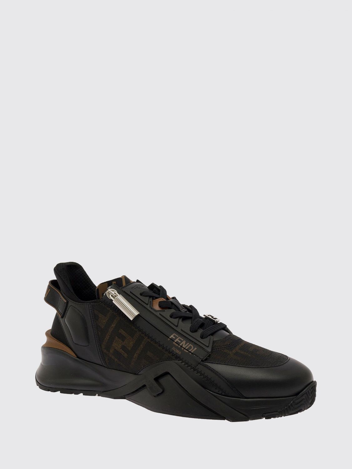 Fendi Flow Low-Top Technical Fabric Sneakers with FF Monogram and Side Zip Black (7E1392AQ69F1C38)