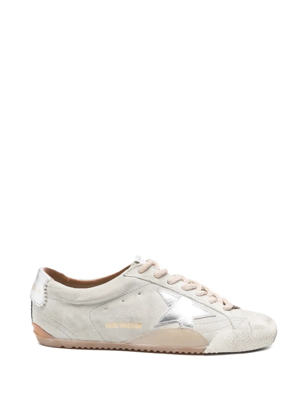 Golden Goose True-Star Sneakers aus hellgrauem Wildleder mit Metallic-Silberstern und Fersenlasche – Nude (GWF00922F008435)