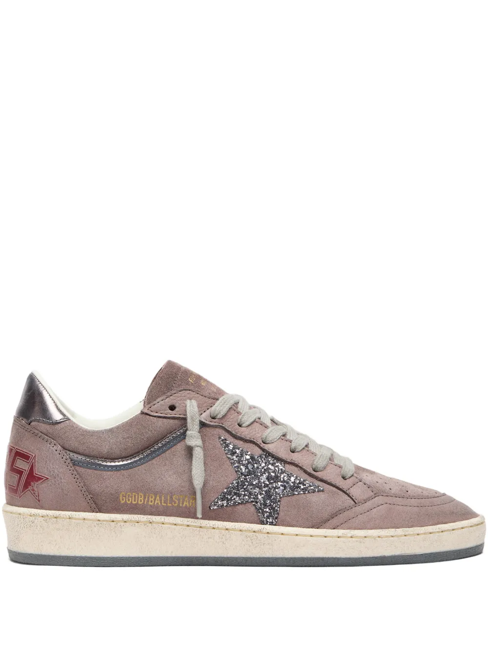 Golden Goose Ball Star Sneaker aus lavendelfarbenem Wildleder mit silbernem Glitzerstern und Fersenlasche aus beschichtetem Leder – Violett (GWF00746F007908)