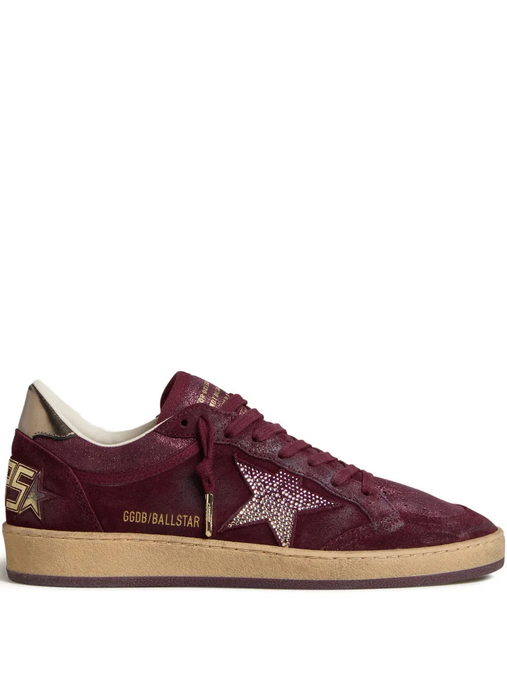 Golden Goose Ball Star Sneakers aus bordeauxfarbenem Wildleder mit Kristallstern und Fersenlasche aus Metallic-Leder – Rot (GWF00771F007896)