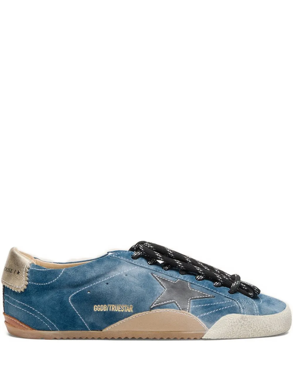 Golden Goose True-Star Sneaker aus petrolfarbenem Wildleder mit schwarzem Stern und cremefarbener Fersenlasche – Blau (GWF00922F007389)