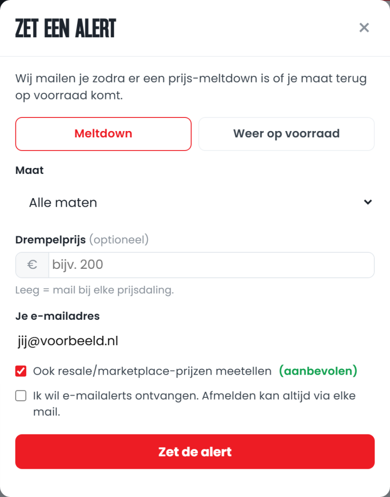 Het formulier om een Meltdown-alert in te stellen