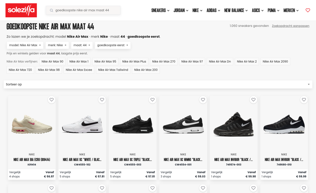 Zoekresultatenpagina van Solezilla: 1.060 sneakers gevonden, de herkende filters als losse blokjes, de regel dat prijs en winkels voor maat 44 gelden, en zes Air Maxen met oplopende prijzen vanaf 56,97 euro.